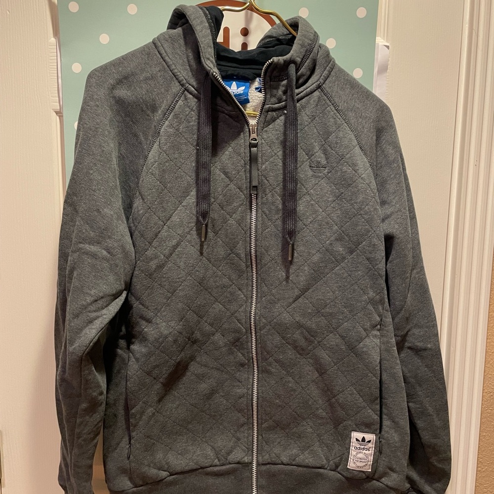 Adidas Gray Quilt Pattern Zip Up Hooded Sweatshirt M